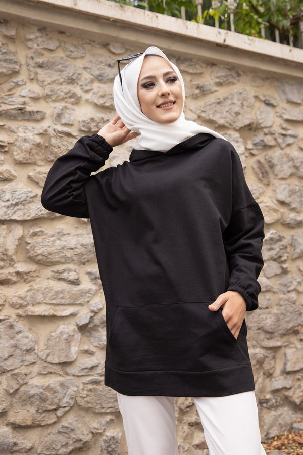 Düz Kapsonlu Yaka Kadın Siyah KAPSONLU SWEAT - 3293 SİYAH