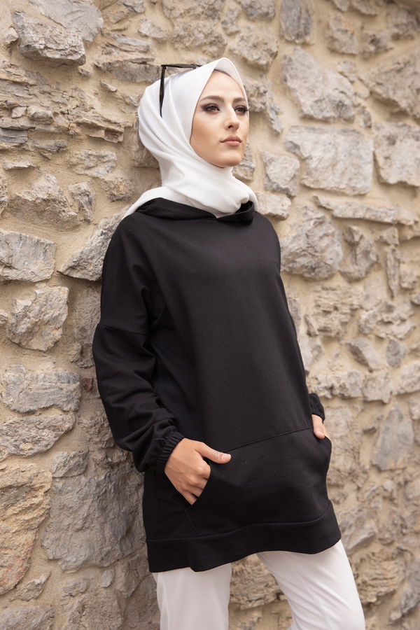 Düz Kapsonlu Yaka Kadın Siyah KAPSONLU SWEAT - 3293 SİYAH