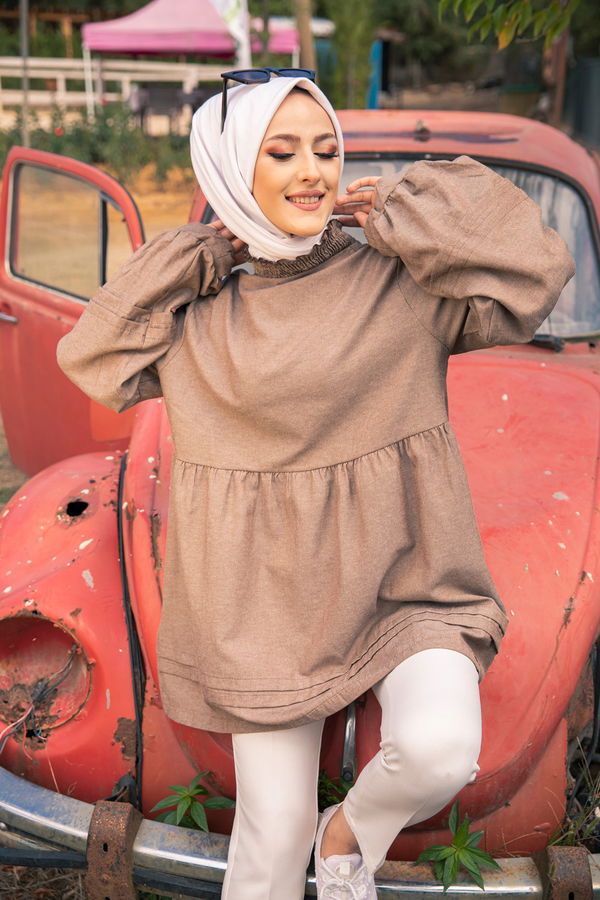 Düz Bisiklet Yaka Kadın Kahverengi Tunık  - 3079 KAHVERENGİ