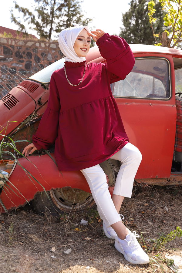 Düz Bisiklet Yaka Kadın Bordo Tunık  - 3079 BORDO