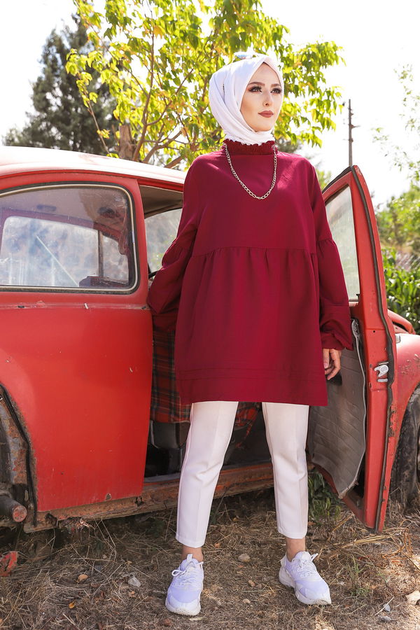 Düz Bisiklet Yaka Kadın Bordo Tunık  - 3079 BORDO
