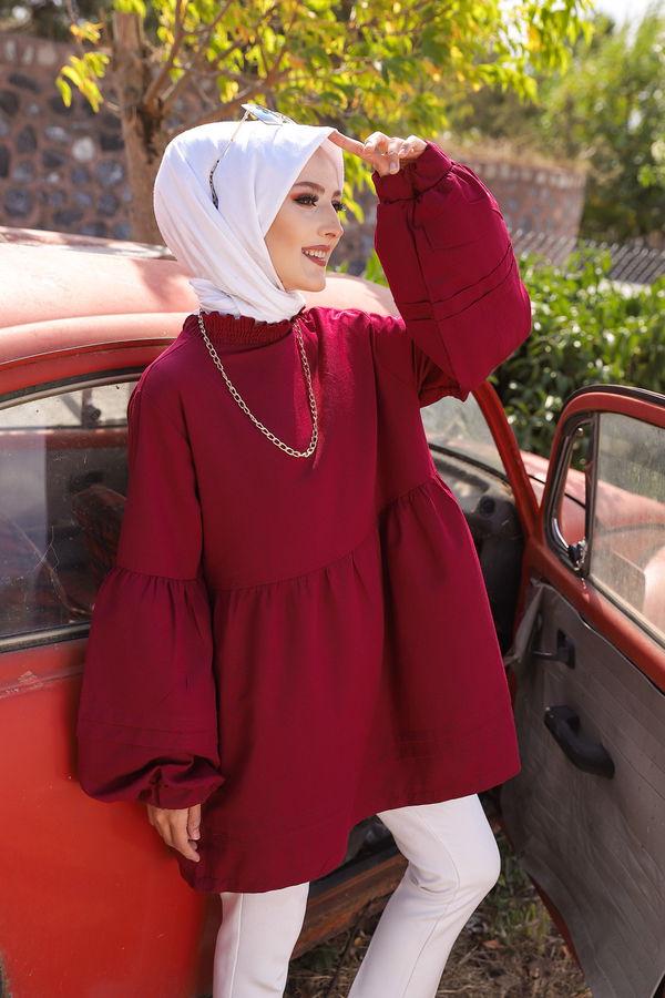Düz Bisiklet Yaka Kadın Bordo Tunık  - 3079 BORDO