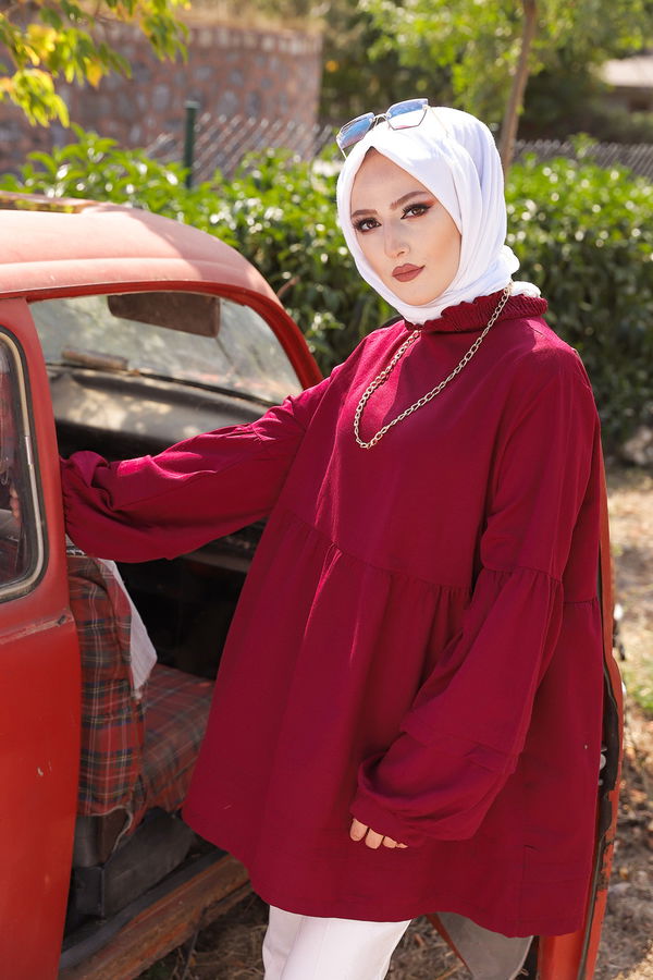Düz Bisiklet Yaka Kadın Bordo Tunık  - 3079 BORDO