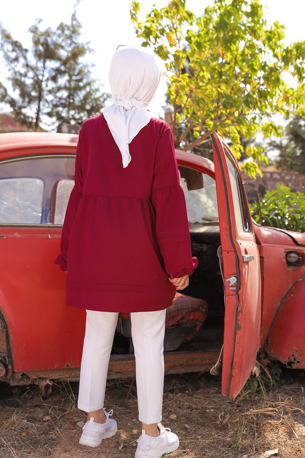 Düz Bisiklet Yaka Kadın Bordo Tunık  - 3079 BORDO