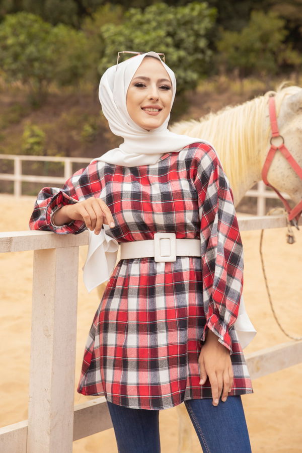 Düz Bisiklet Yaka Kadın Kırmızı YARASA KOL TUNIK - 3299