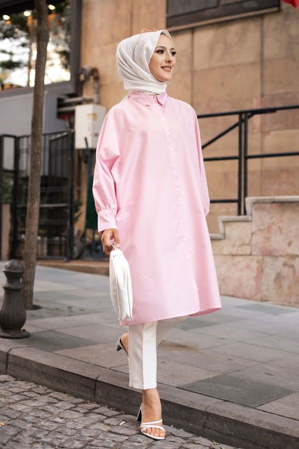 Düz Gömlek Yaka Kadın Pembe TUNIK - 3231