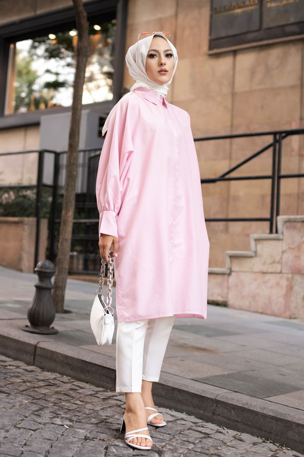 Düz Gömlek Yaka Kadın Pembe TUNIK - 3231