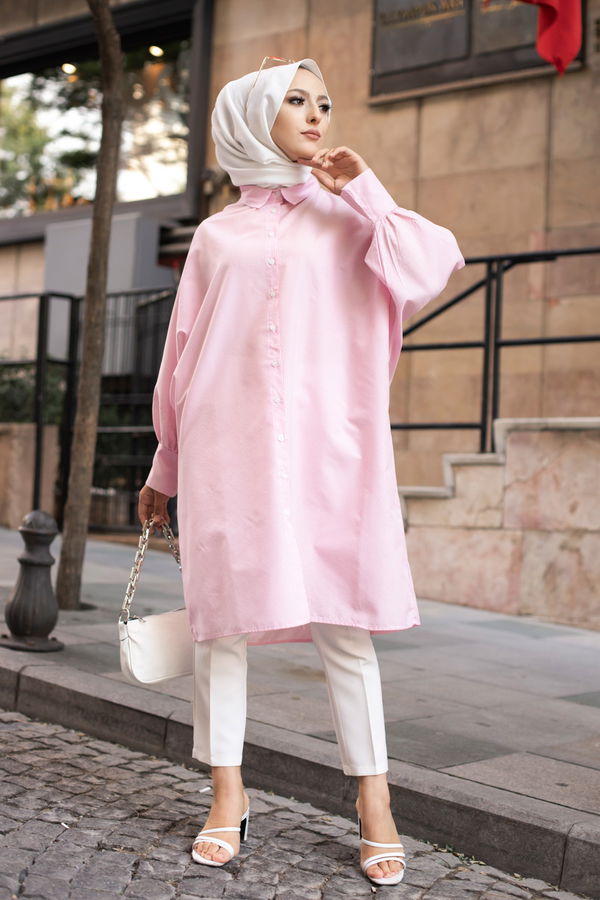 Düz Gömlek Yaka Kadın Pembe TUNIK - 3231