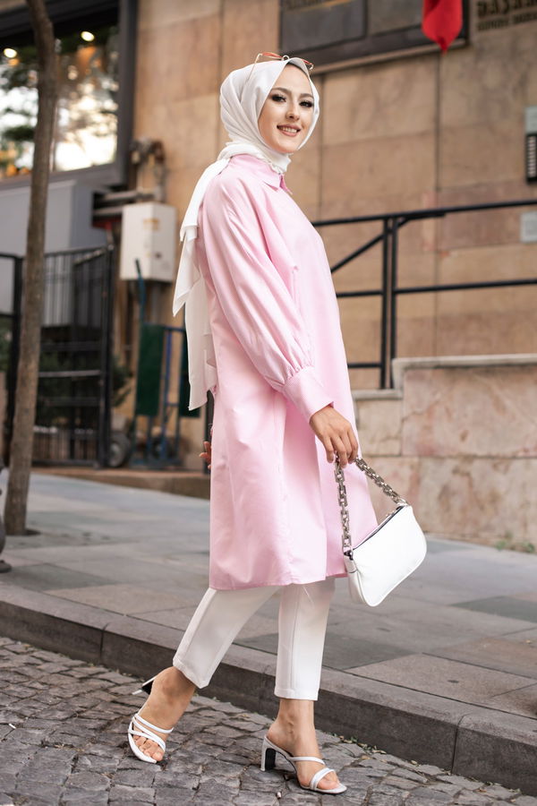 Düz Gömlek Yaka Kadın Pembe TUNIK - 3231