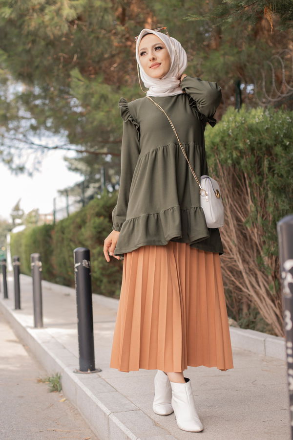 Düz Bisiklet Yaka Kadın Haki TUNIK - 3282 HAKİ