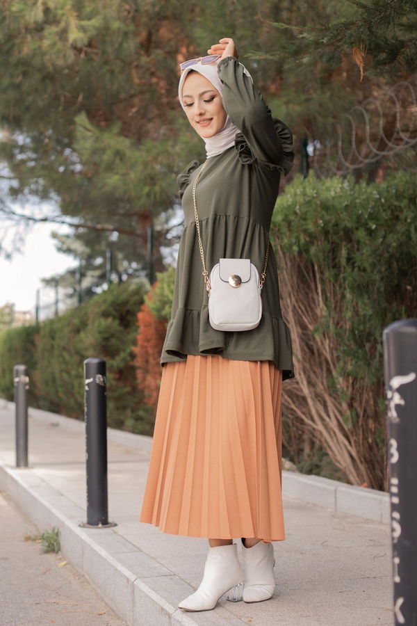 Düz Bisiklet Yaka Kadın Haki TUNIK - 3282 HAKİ