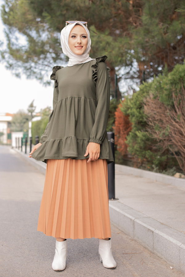 Düz Bisiklet Yaka Kadın Haki TUNIK - 3282 HAKİ