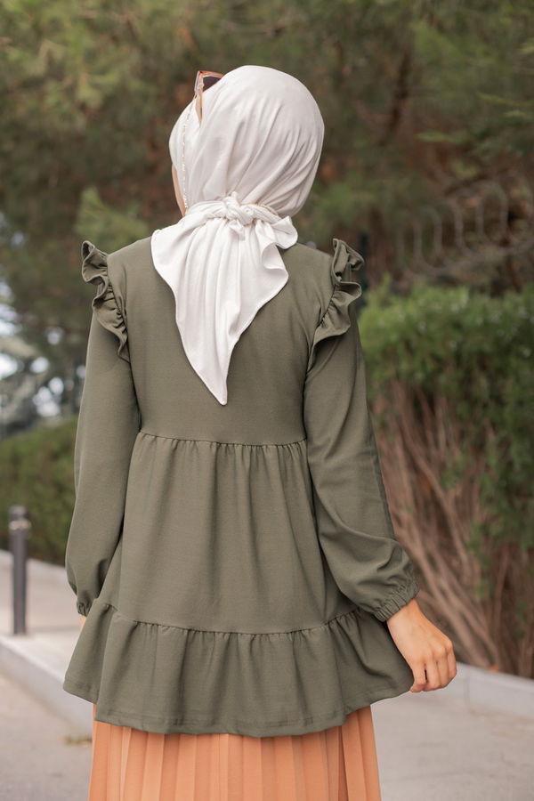 Düz Bisiklet Yaka Kadın Haki TUNIK - 3282 HAKİ
