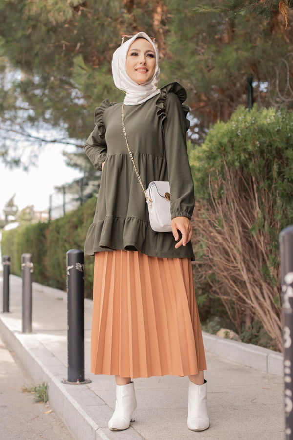 Düz Bisiklet Yaka Kadın Haki TUNIK - 3282 HAKİ