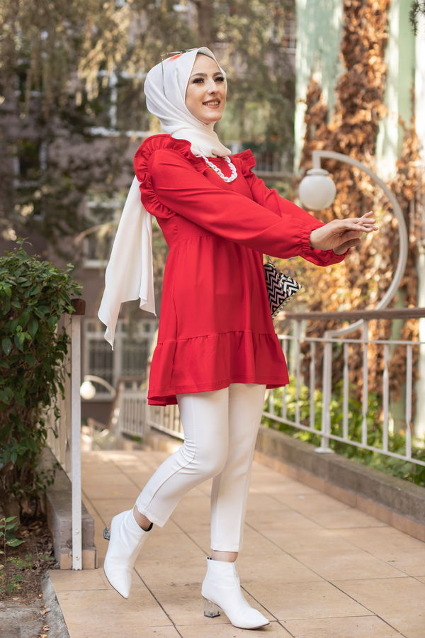 Düz Bisiklet Yaka Kadın Kırmızı TUNIK - 3282 Kırmızı