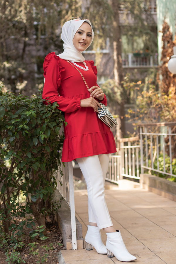 Düz Bisiklet Yaka Kadın Kırmızı TUNIK - 3282 Kırmızı