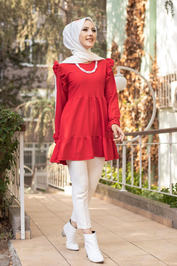 Düz Bisiklet Yaka Kadın Kırmızı TUNIK - 3282 Kırmızı