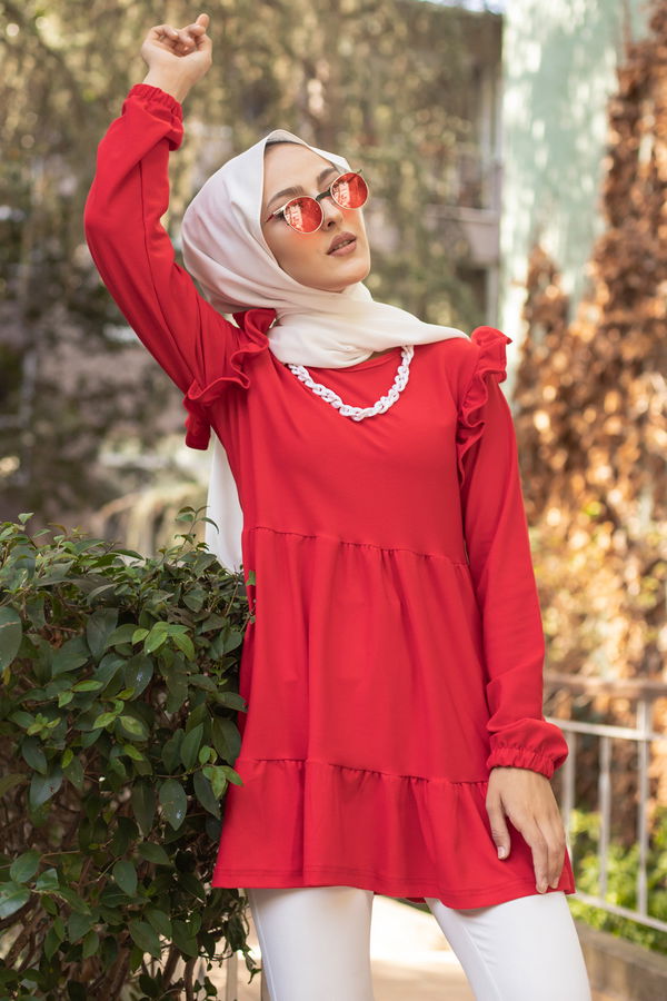 Düz Bisiklet Yaka Kadın Kırmızı TUNIK - 3282 Kırmızı