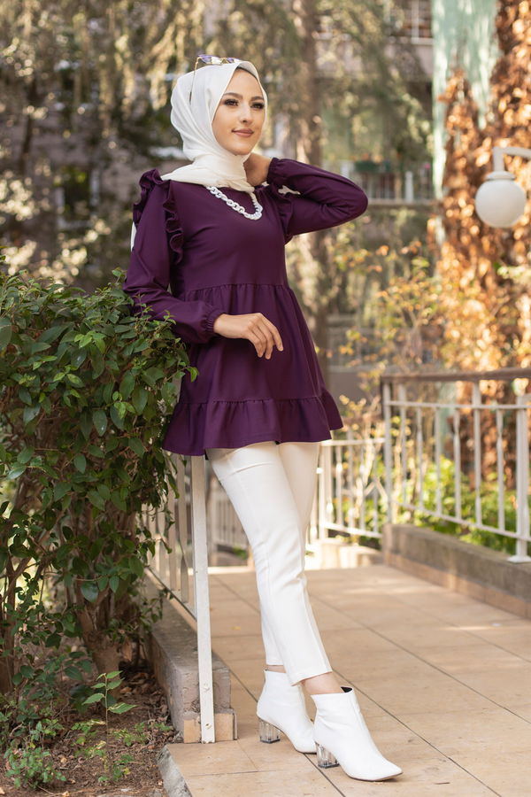 Düz Bisiklet Yaka Kadın Mürdüm TUNIK - 3282