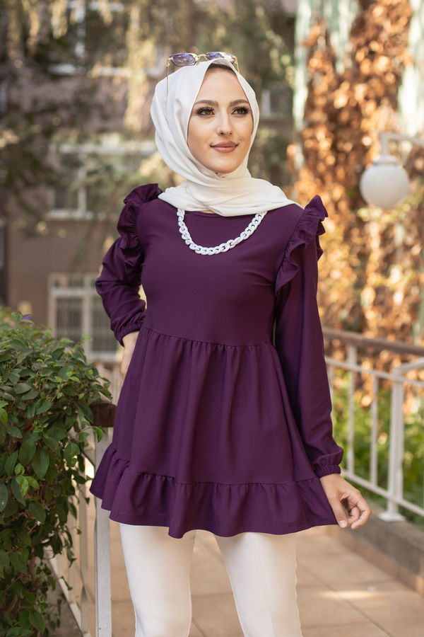 Düz Bisiklet Yaka Kadın Mürdüm TUNIK - 3282