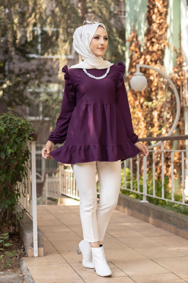 Düz Bisiklet Yaka Kadın Mürdüm TUNIK - 3282