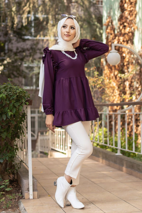 Düz Bisiklet Yaka Kadın Mürdüm TUNIK - 3282