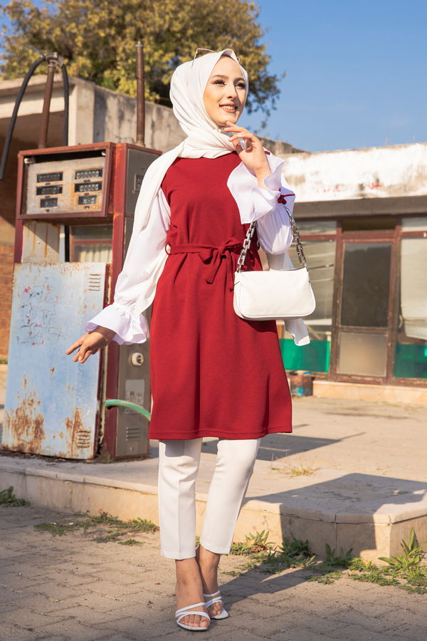 Düz Bisiklet Yaka Kadın Bordo TUNIK - 3238 BORDO
