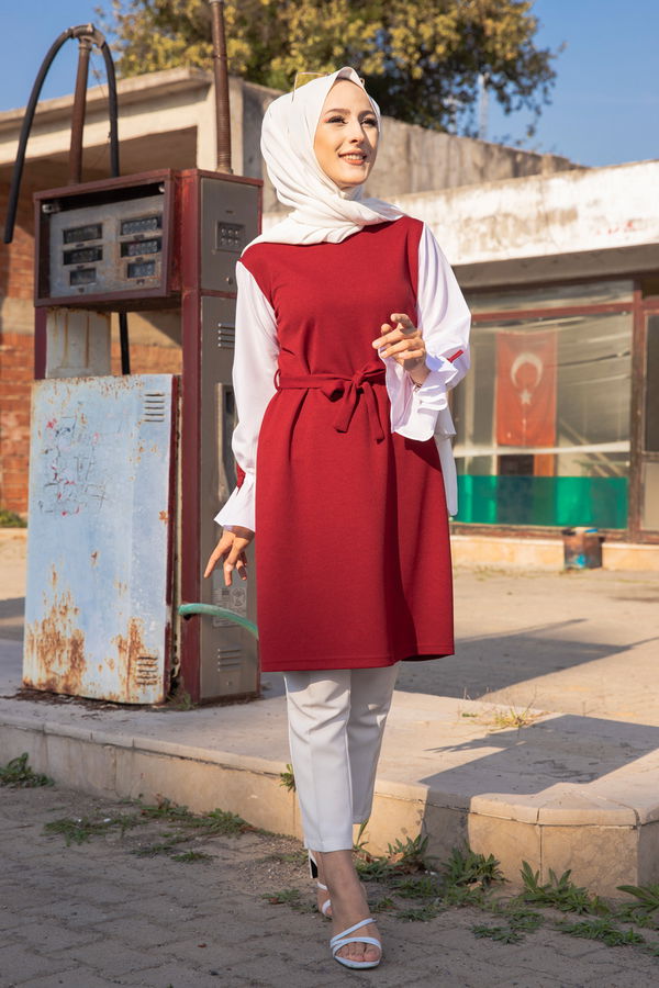 Düz Bisiklet Yaka Kadın Bordo TUNIK - 3238 BORDO