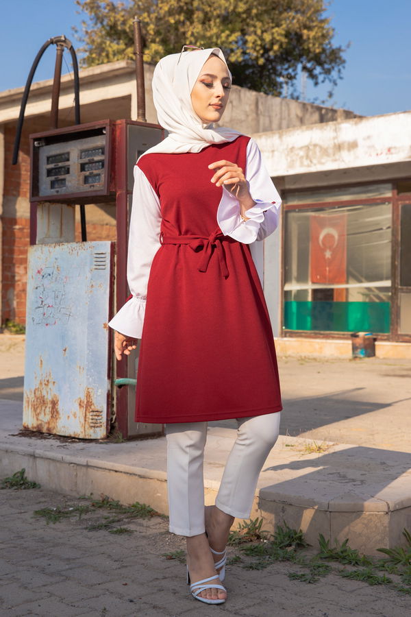 Düz Bisiklet Yaka Kadın Bordo TUNIK - 3238 BORDO