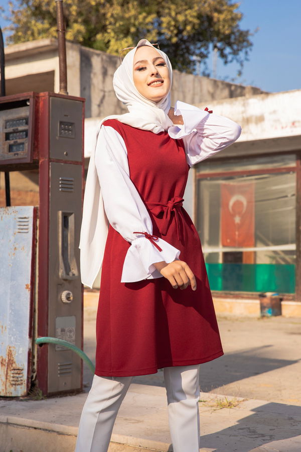 Düz Bisiklet Yaka Kadın Bordo TUNIK - 3238 BORDO