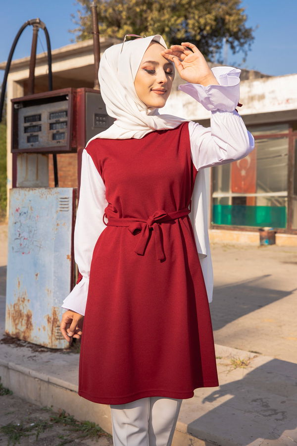 Düz Bisiklet Yaka Kadın Bordo TUNIK - 3238 BORDO