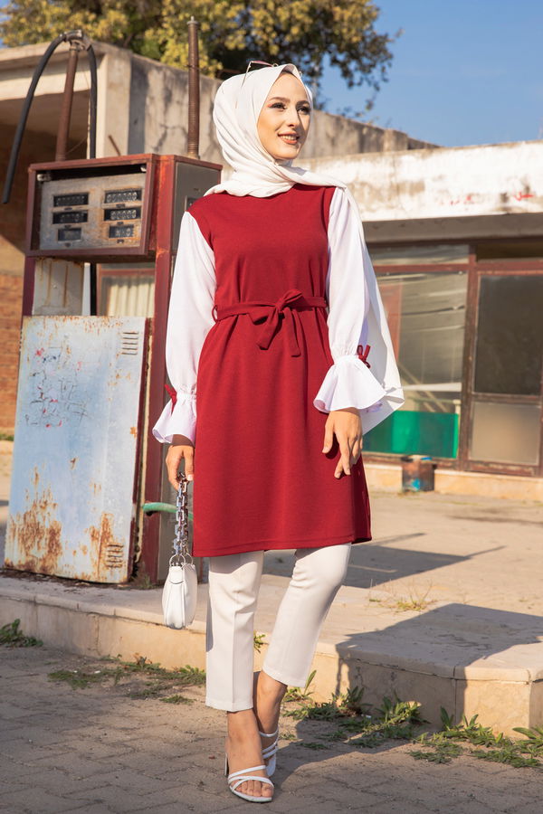 Düz Bisiklet Yaka Kadın Bordo TUNIK - 3238 BORDO