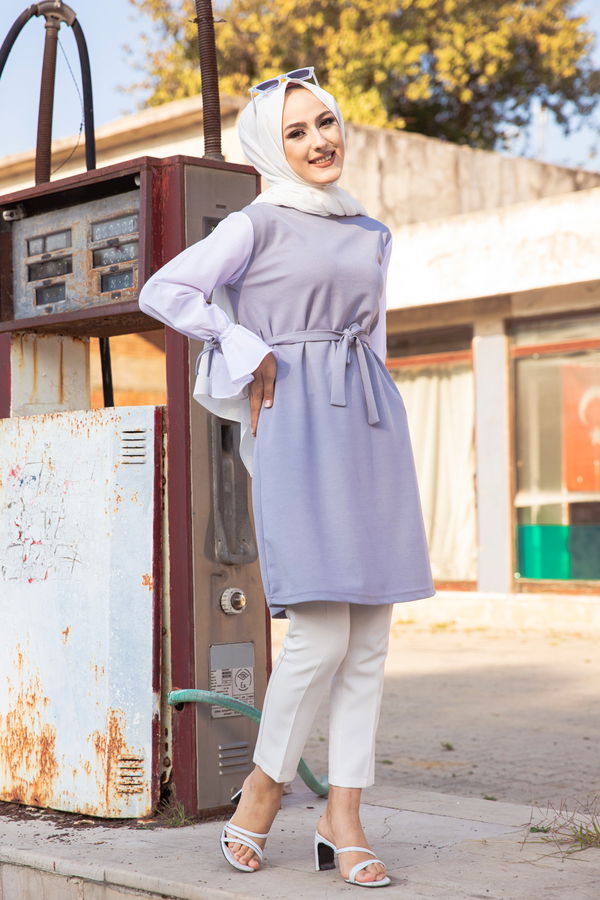 Düz Bisiklet Yaka Kadın Gri TUNIK - 3238
