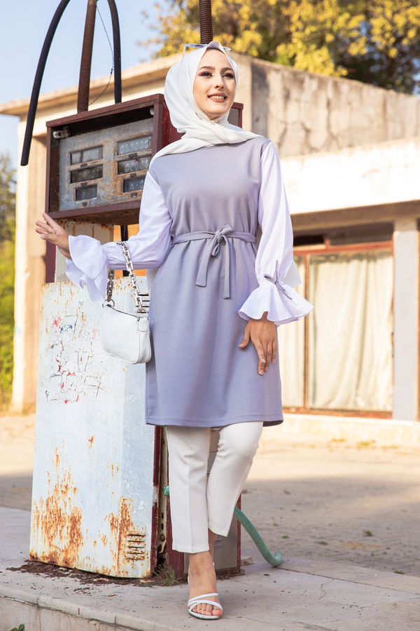 Düz Bisiklet Yaka Kadın Gri TUNIK - 3238