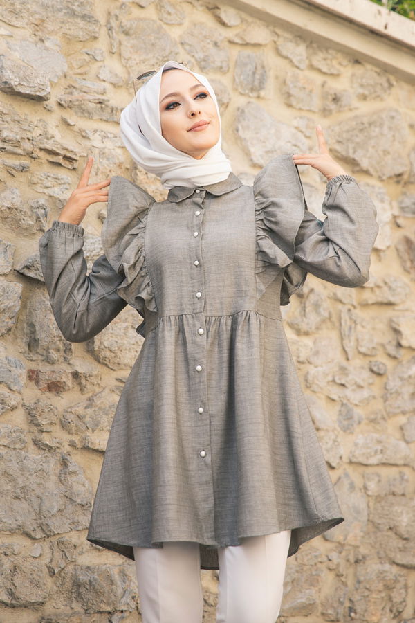 Düz Gömlek Yaka Kadın Haki 9059 TUNIK - 9059 HAKİ