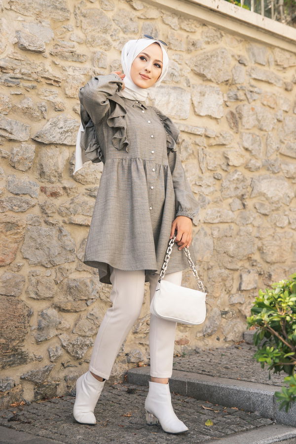 Düz Gömlek Yaka Kadın Haki 9059 TUNIK - 9059 HAKİ