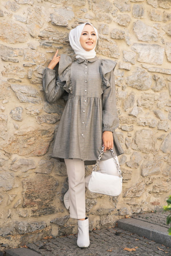 Düz Gömlek Yaka Kadın Haki 9059 TUNIK - 9059 HAKİ