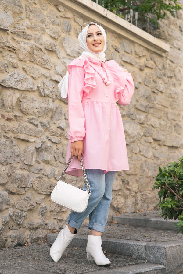 Düz Gömlek Yaka Kadın Pembe 9059 TUNIK - 9059