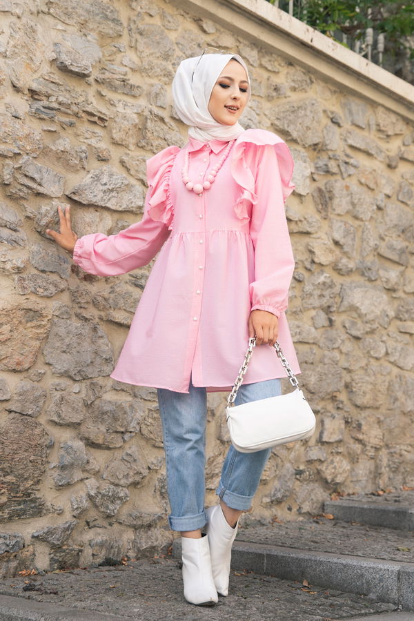 Düz Gömlek Yaka Kadın Pembe 9059 TUNIK - 9059