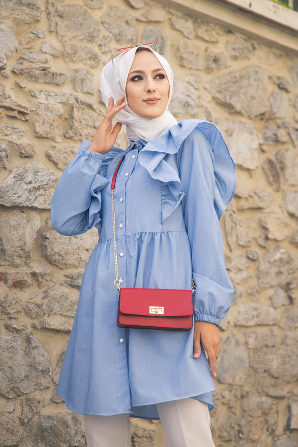 Düz Gömlek Yaka Kadın Mavi 9059 TUNIK - 9059 MAVİ