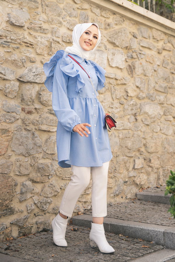 Düz Gömlek Yaka Kadın Mavi 9059 TUNIK - 9059 MAVİ