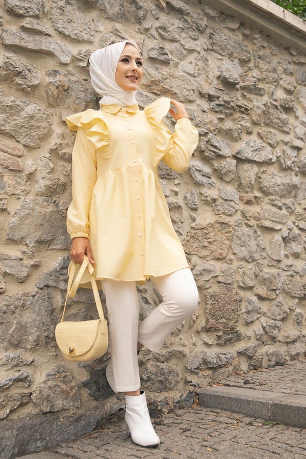 Düz Gömlek Yaka Kadın Sarı 9059 TUNIK - 9059 Sarı