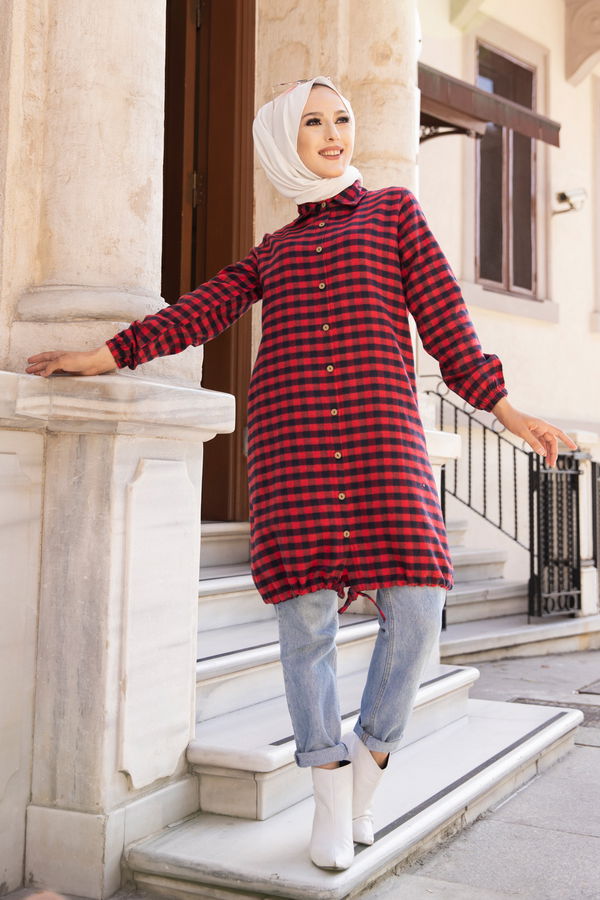 Düz Gömlek Yaka Kadın Kırmızı TUNIK - 3294 Kırmızı