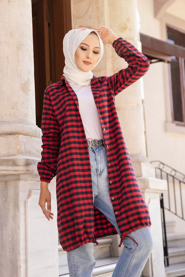 Düz Gömlek Yaka Kadın Kırmızı TUNIK - 3294 Kırmızı