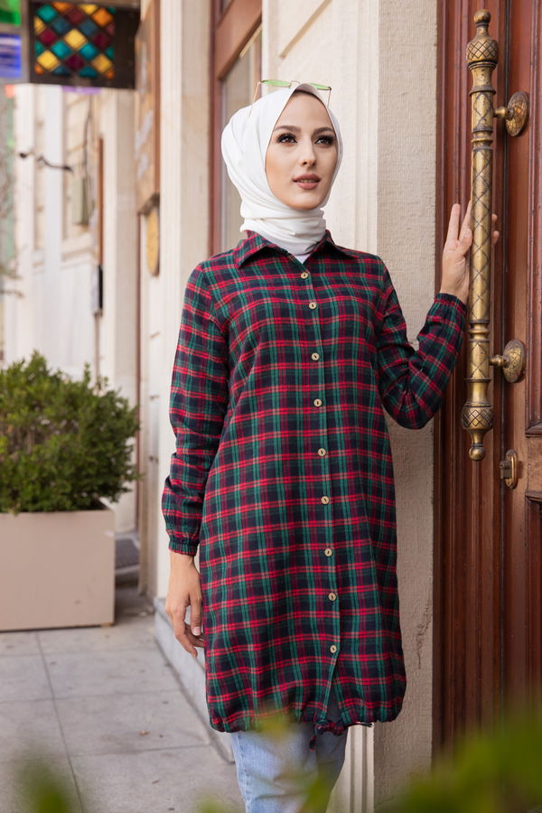 Düz Gömlek Yaka Kadın Yeşil TUNIK - 3294 YEŞİL