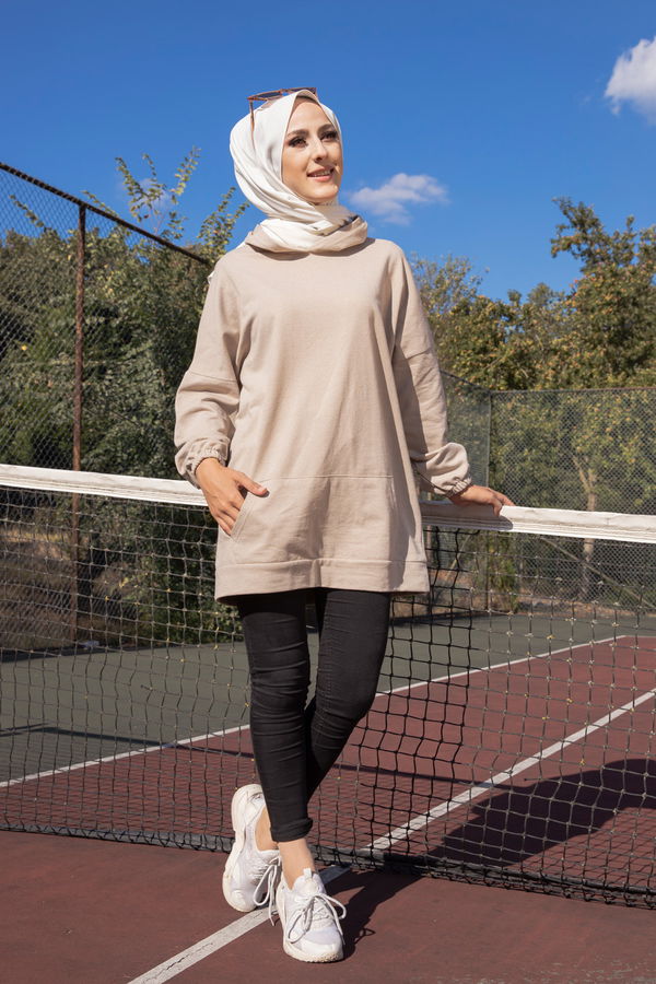 Düz Kapsonlu Yaka Kadın Bej KAPSONLU SWEAT - 3258