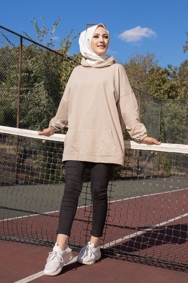 Düz Kapsonlu Yaka Kadın Bej KAPSONLU SWEAT - 3258