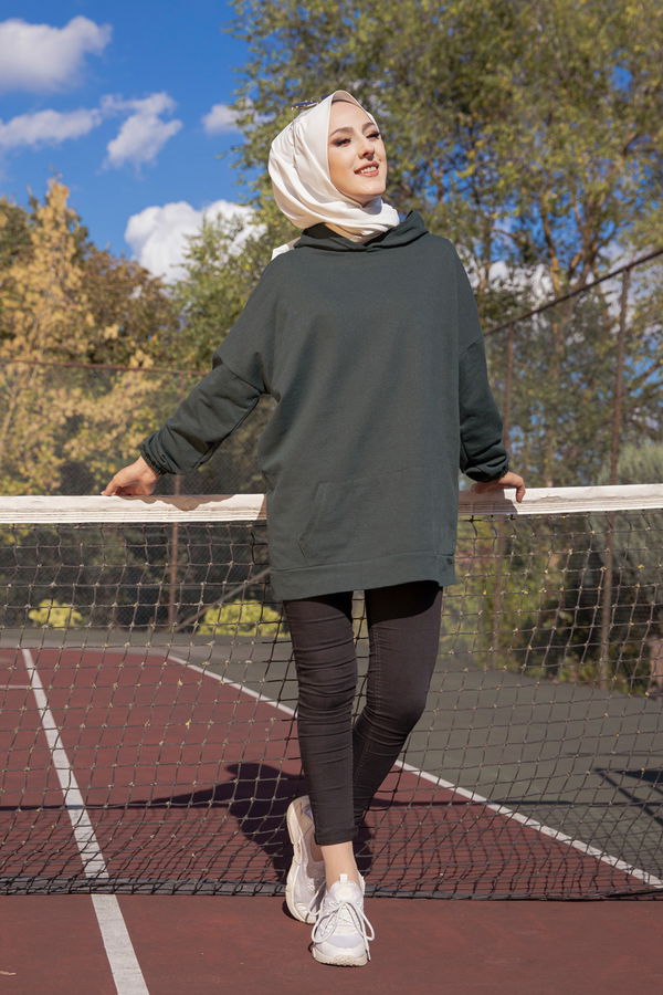 Düz Kapsonlu Yaka Kadın Yeşil KAPSONLU SWEAT - 3258