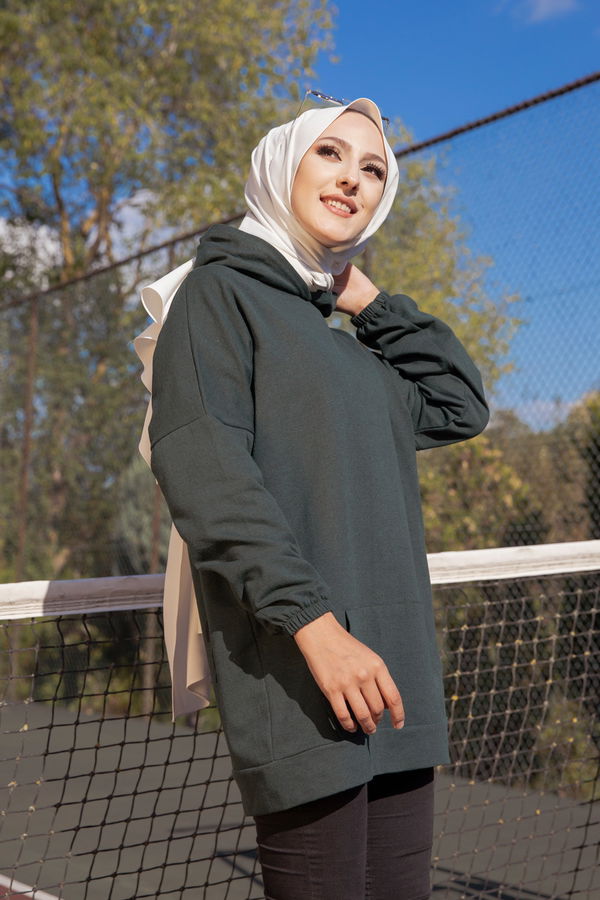Düz Kapsonlu Yaka Kadın Yeşil KAPSONLU SWEAT - 3258