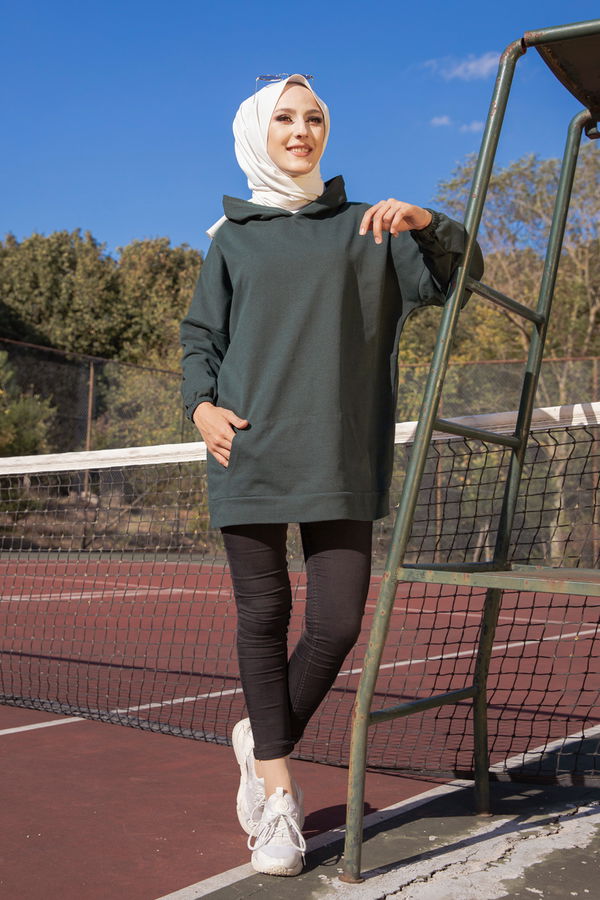 Düz Kapsonlu Yaka Kadın Yeşil KAPSONLU SWEAT - 3258